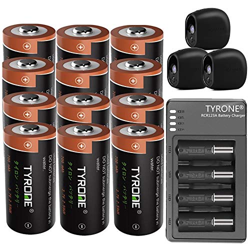 Tyrone RCR123A Batteries Compatible Arlo Security Cameras (VMC3030/VMK3200/VMS3330/3430/3530), [ 3.7V Li-ion Rechargeable Battery 700mAh CR123A 12 Pack with Charger, 3 Pack Arlo Cover Skins (12 pack)