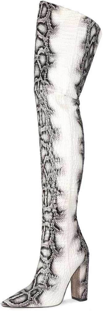 snakeskin over the knee boots block heel
