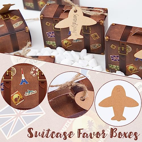 JOHOUSE Mini Suitcase Favor Box, 50PCS Travel Party Favors Vintage Kraft Cardboard with Tags and Burlap Twine for Wedding Party Bridal Shower Travel Party Decorations