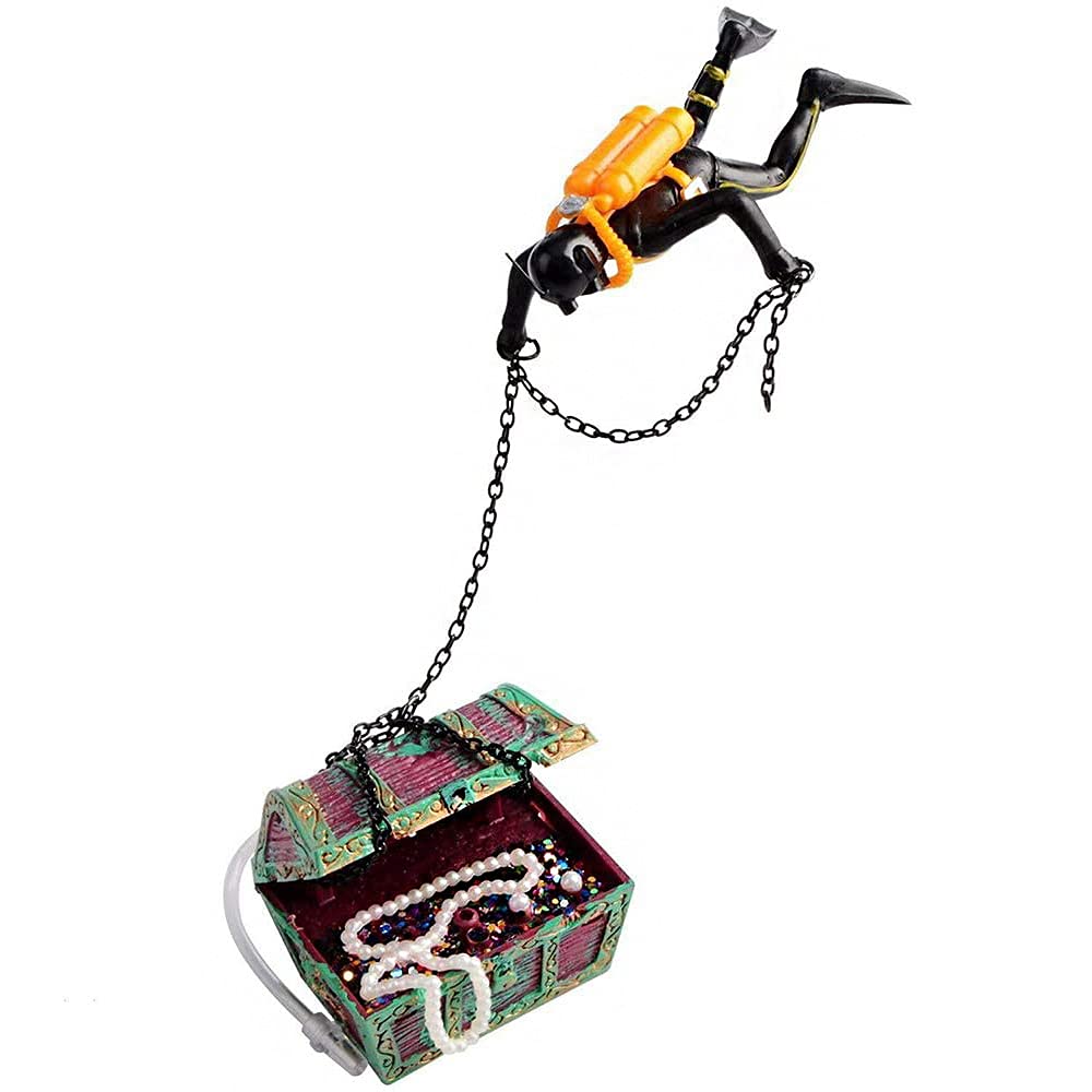 ANCLLO Creative Aquarium Ornament Action Undersea Treasure Chest Diver Fish Tank Underwater Decor, Black