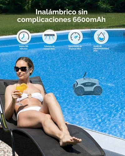 Robot limpiafondos Piscina sin Cable, 130 Minutos hasta 100㎡ Robot Piscina sin Cable Aspirador Piscinas con 2 Motores, Cepillo Grande y Aberturas de succión, Boquilla Ajustable