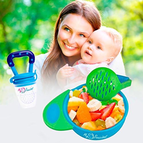 MyPrecious Baby Feeding Set, Non-skid Mash and Serve Bowl and Baby Feeding Fruit Pacifier Fresh Fruit Pacifier Food Feeder Mash Bowl LIKE NUK (Blue)