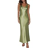 Womens Elegant Satin V Neck Backless Sleeveless Maxi Dress Silk Tie Low Back Formal Cocktail Dresses Wedding Guest