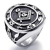 KONOV Embossed Stamped Freemason Masonic Stainless Steel Black Enamel Mens Ring