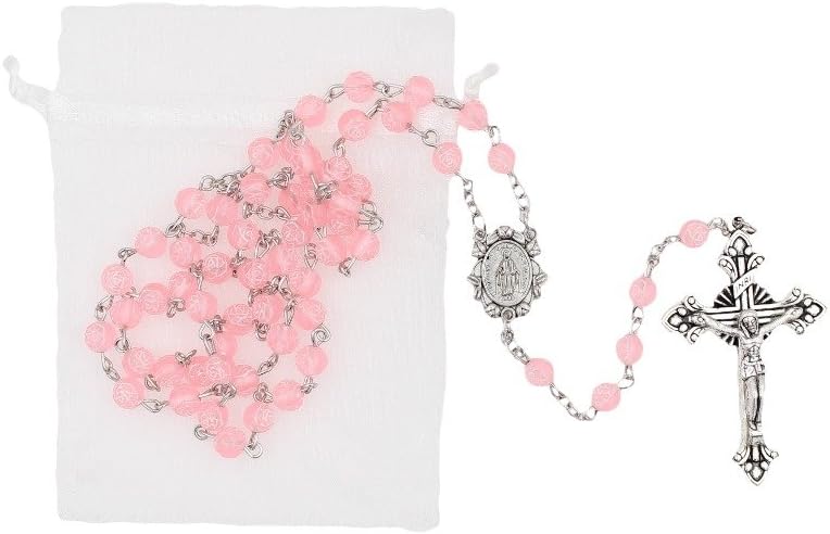 Bundle: 6mm Pink Rose Shaped Bead Rosary with Organza Storage Bag
