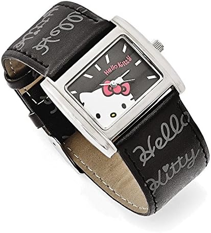 Hello Kitty Silver-tone Black Dial/Faux Leather Strap Watch