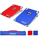 GoSports Portable PVC Framed Cornhole Toss Game Set with 8 Bean Bags and Travel Carrying Case - Choose American Flag Design, Red & Blue or Football
