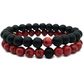 LeZisuIre CNLQ Long Distance Bracelets For Lovers Couples Matching Gift Matte Agate 8mm Bead Stone (Elastic Red)