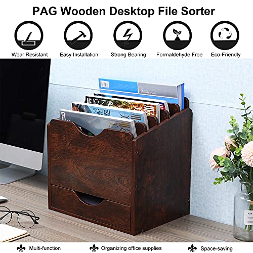 PAG Wood Desktop File Holder Organizer Mail Sorter with Drawer, for