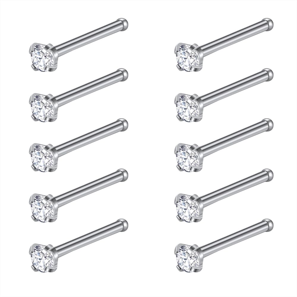 6-14 Pieces 20 Gauge L-Shaped Nose Ring, CZ Bone Nose Piercing, Stainless Steel Nose Screw Piercing Jewelry, Stainless Steel Cubic Zirconia, Stainless Steel Cubic Zirconia