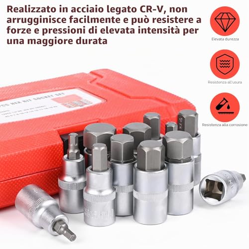 12 Pieces Hex Socket Set, 1/2 Hex Socket Set, 5-22 mm Steel Socket Set with Portable Case, Anti-Corrosion for Automotive and Industrial Use (Red)
