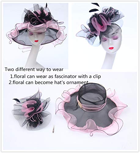Women's Organza Church Kentucky Derby British Fascinator Bridal Tea Party Wedding Hat Summer Ruffles Cap（Rose Black Line） - Thumbnail 2