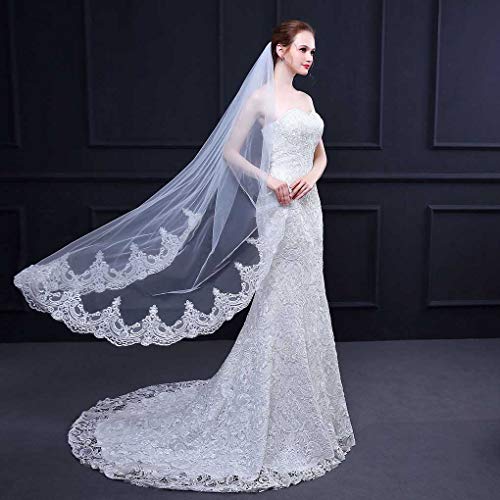 Yalice Women's Lace Appliqued Bride Wedding Veil 1 Tier Long Knee Length Bridal Veils Soft Tulle Hair Accessories (Ivory)