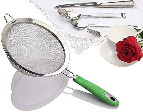 MagiKüchen 8-Inch Colander Fine Mesh Stainless Steel Sieve Strainer with Heat-Resistant Handle (Refreshing Green)