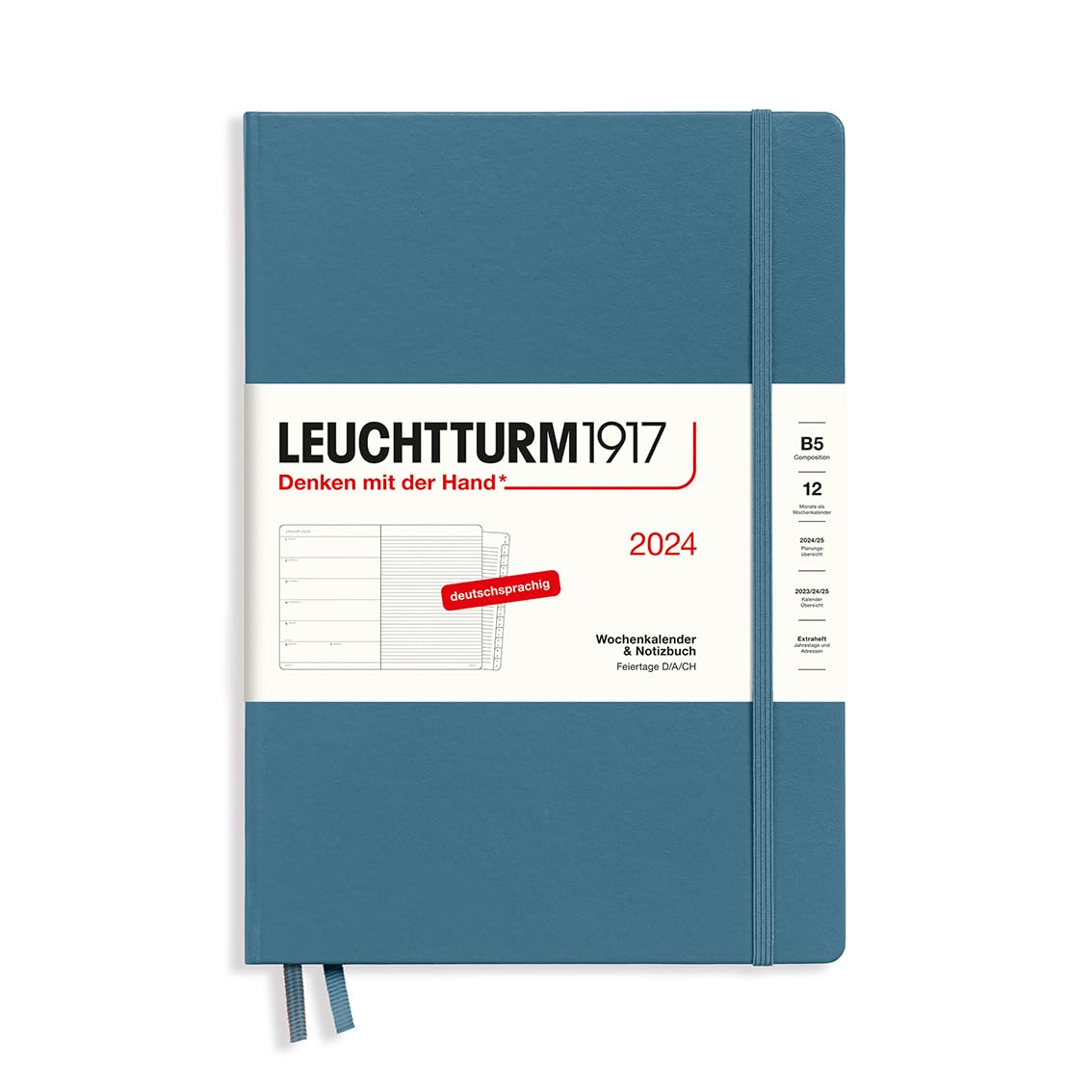 LEUCHTTURM1917 367761 Weekly Calendar & Notebook Composition (B5) 2024, with Extra Book for Addresses and Anniversaries, Stone Blue, German, 12 Months