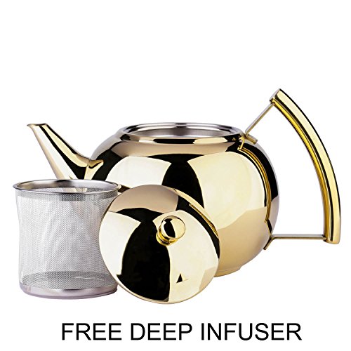 1.5 Liter Teapot Gold Pot with Infuser for Loose Tea Stainless Steel Coffee Kettle 6 Cup Induction Stovetop Tea Pot Strainer Office Hot Water Mirror Finish 1.6 Quart 51 Ounce by Onlycooker - Thumbnail 4