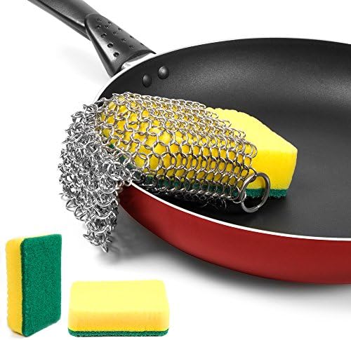 Cast Iron Cleaner, Hawaoo Stainless Steel Cast Iron Double Chainmail Scrubber Perfect for Cookware Black Hardened, Pasta, Residue, More Easy to Grip (Cleaner + 3pcs Sponges)