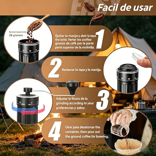 Molinillo de Café Manual Grosor Ajustable,Molinillo de Café 40 Ajustes Ajustables,Coffee Grinder Portátil con Tarros de Cristal para Coffee Grinder Portátil Ideal uso Doméstico Campamento (Negro)