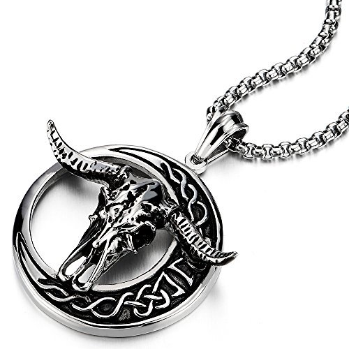 COOLSTEELANDBEYONDStainless Steel Large Circle Goat Bull Skull Pendant Necklace for Man, 30 in Chain, Gothic Tribal