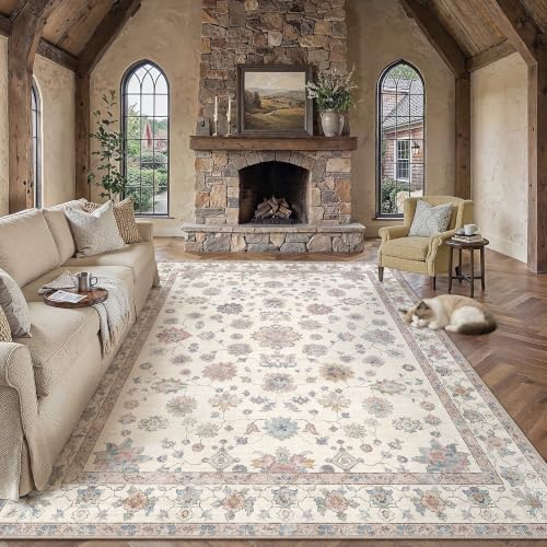 PureCozy Rugs Living Room 200x300cm Beige Washable Non Slip Large Vintage Area Bedroom Rug Bedside Nursery Lounge Office Playroom Indoor Big Carpet Low Pile Carpets Retro