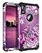 LONTECT Compatible iPhone XR 2018 Case Floral 3 in 1 Heavy Duty Hybrid Sturdy High Impact Shockproof Protective Cover Case for Apple iPhone XR 6.1 Display, Black/Purple Flower