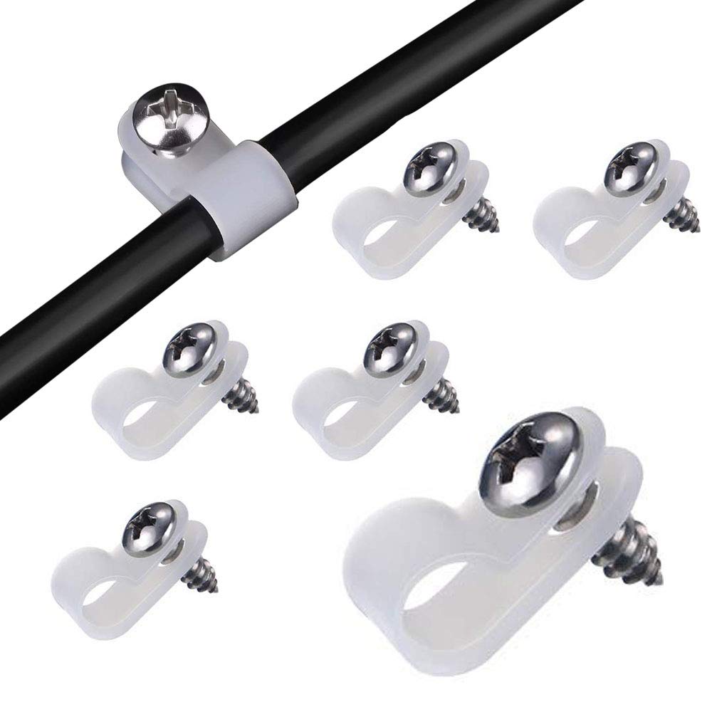 VIPMOON 100 Pcs R Type Cable Clips with Screws, 1/4" Nylon P Clips, Cable Management Clips, Suitable for Home, Office, School (White, 1/4")