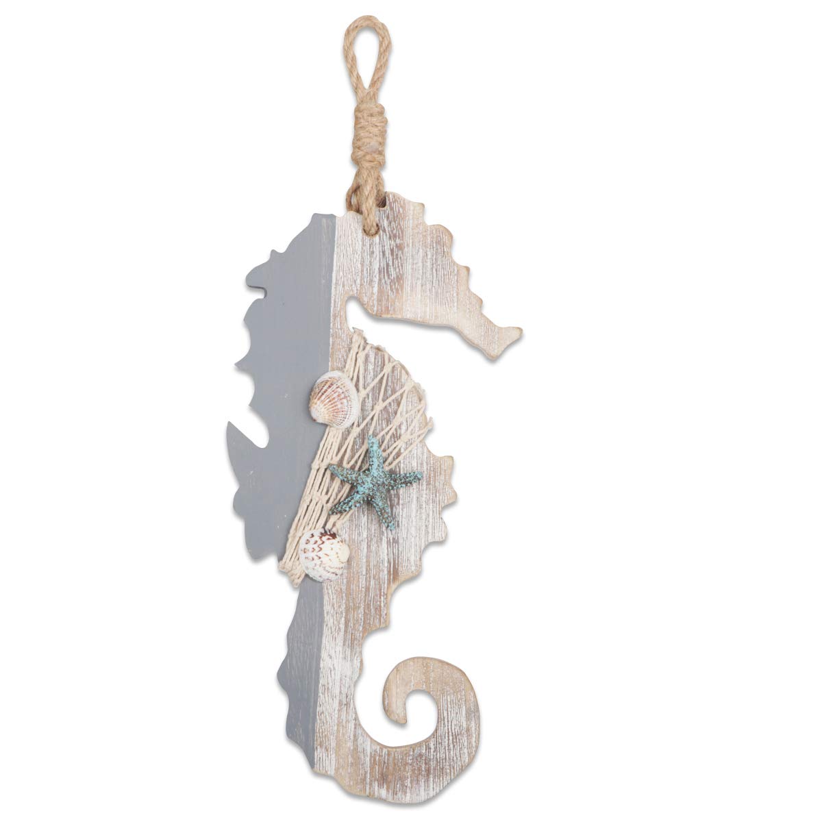 YiYa 30 CM Wooden Decor Seahorse with Starfish and Shells for Nautical Decoration, Wall Decor Door Hanging Ornament Beach Theme Home Decoration