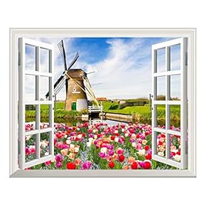 Removable Wall Sticker/Wall Mural - Windmill and Colorful Tulips Out of The Open Window Wall Decor - 24"x32"