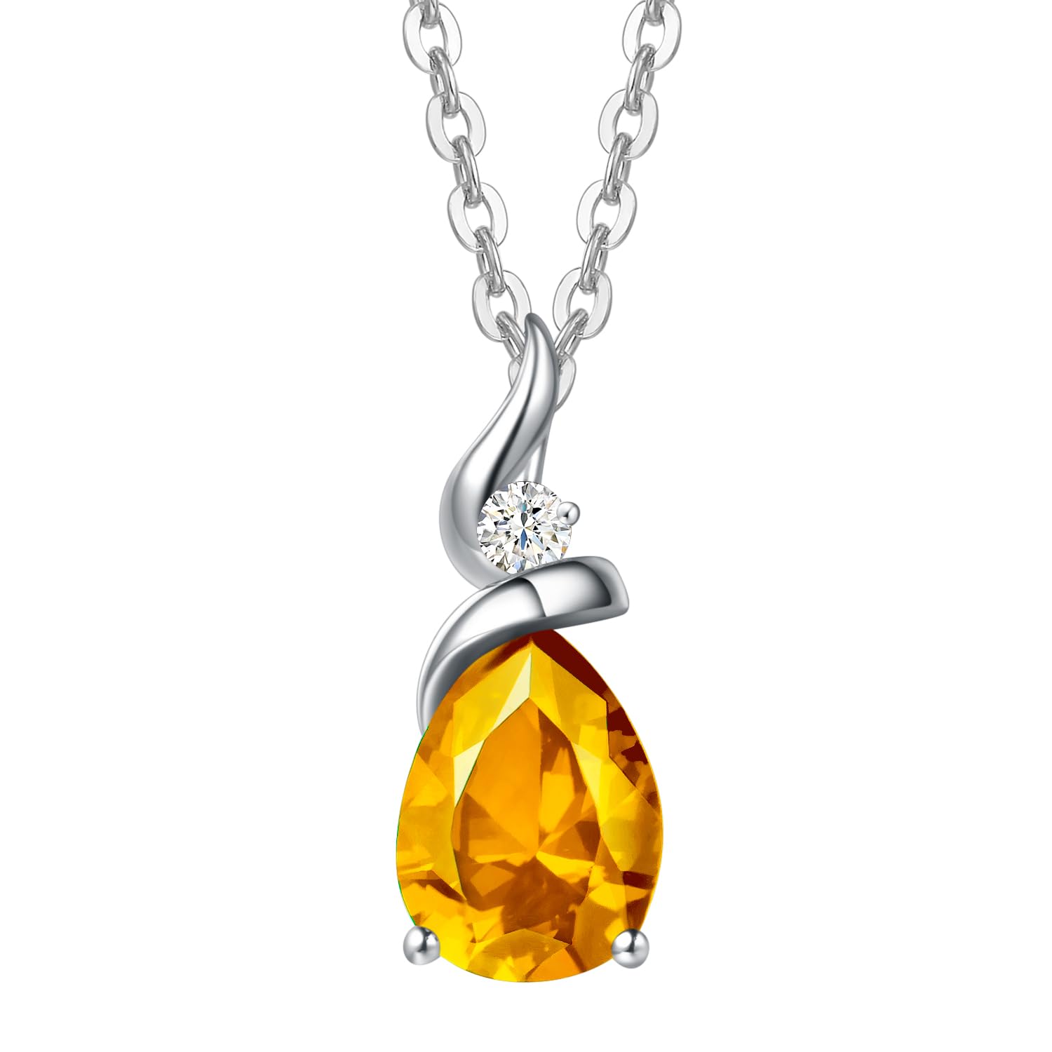 14 Carat Solid White Gold Diamond Genuine Citrine Pendant with Sterling Silver Chain Mothers Day Gifts for Mom Pear Shape Solitaire November Birthstone Necklace Fine Jewellery Birthday Gifts for Women — image 1