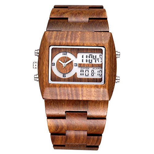 JIANGYUYAN Mens Fashion Classic Casual Vintage Wooden Wood Watches Digital Luminous Calendar Wrist Watch