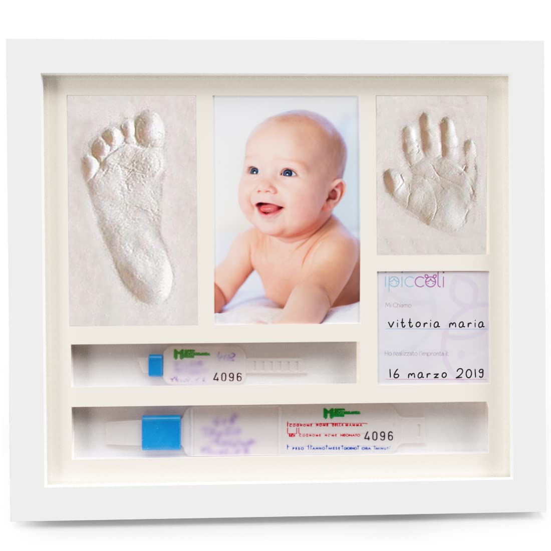 iPiccoli | Baby Handprint Frame Kit, Newborn Christening and Birth Gift, Complete Kit with Clay, Holder for Birth Bracelets