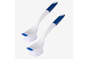 Heavy Duty 2 Pack Dish Scrub Brush with Handle BITOPE Kitchen Cleaning Scrubber with Stiff Bristle Scraper for Washing Sink D