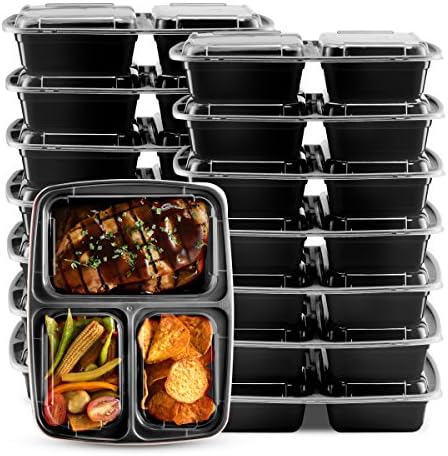 Glomery Colored 3 Compartment Meal Prep Containers - Rectangle Reusable Bento Lunch and Food Storage Container with Airtight Lid, Stackable, Microwavable, Freezer &amp; Dishwasher Safe Colored (Black)