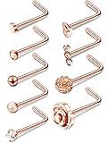 Hestya 20G 9 Styles Stainless Steel Nose Stud Nose Rings Curved Nose Stud L Shaped Piercing Jewelry for Women and Girl (Rose Gold)