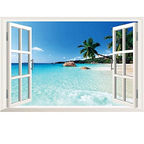 Beach Sea 3D Wallpaper,Window Decal Large Wall Stickers ,Removable Seascape Wall Murals,Home Decor Exotic Beach View ,Art Wallpaper Mural 23.62" x 35.43"