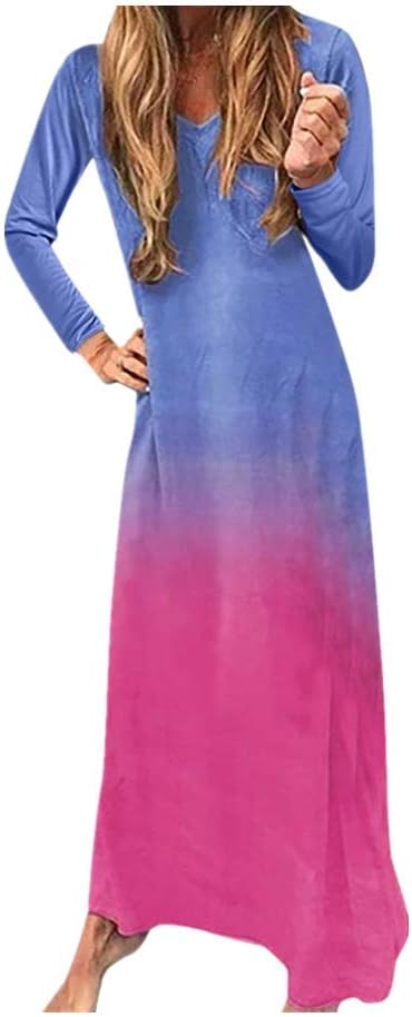 FORUU Maxi Dresses for Womens, Gradient Tie-Dyed Block Patchwork Color Boho Printed V Neck Short Sleeve Long Sundress