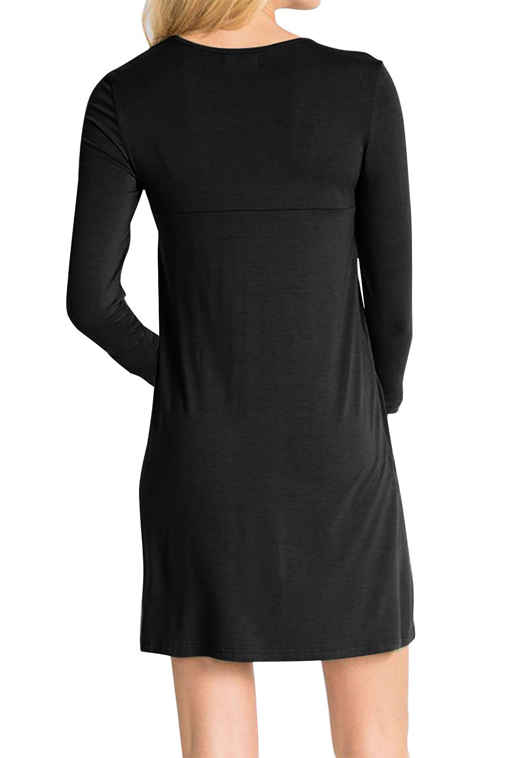 AMCLOS Womens U Neck Dress with Pockets Casual Loose Swing Simple Ruffle Plain Long Sleeve Dresses (Medium, U Neck-Black)