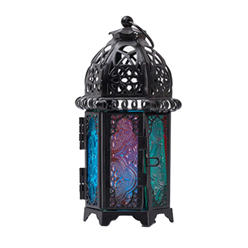 LEDMOMO Moroccan Style Candle Lantern Vintage Candle Holder for Event Parties and Weddings (Black Frame and Colorful Sides)