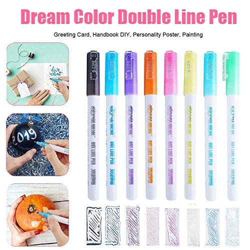 Gift Card Writing & Drawing Double Line Outline Pen,Creative Art Marker 8 Color Double Line Pen Light Color Fluorescent Marker crafts supplies stationery - Thumbnail 7