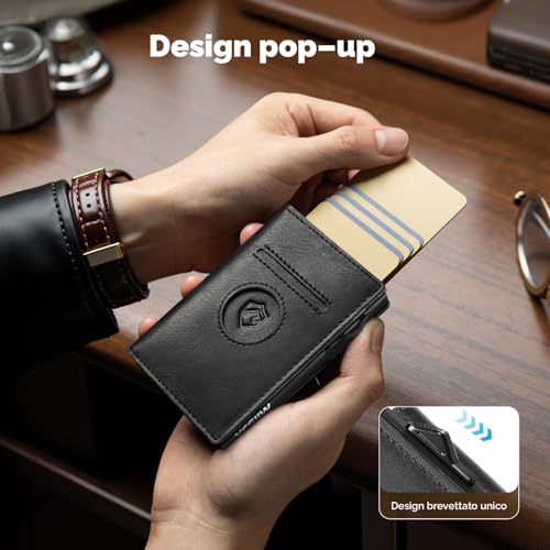 YESIIW AirTag Men's RFID Blocking Leather Wallet with Pop-up Credit Card Holder with Coin Pocket for Money (Black)