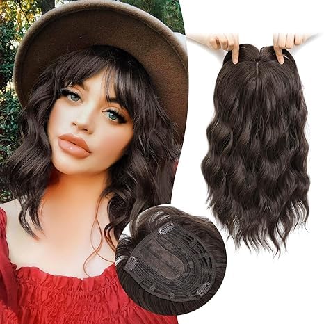 Photo 1 of Molefi Hair Toppers for Women with Thinning Hair 14 Inch Large Base Synthetic Wavy Topper with Bangs Brown with Highlights Hairpieces for Daily Use