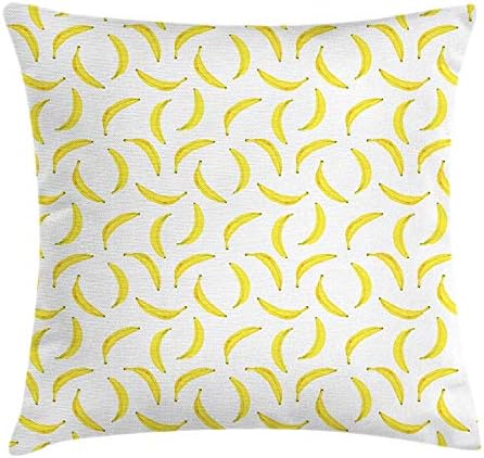 Tropical Throw Pillow Cushion Cover, Exotic Banana Pattern Watercolor Design Latin American Fruit Ornamental Nature, Decorative Square Accent Pillow Case, 18 X 18 Inches, Yellow White