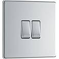 BG Electrical Double Wall Light Switch, 2 Way, Screwless Front Plate, Slim Profile, Premium Flatplate, Polished Chrome, 20A, 16AX, FPC42