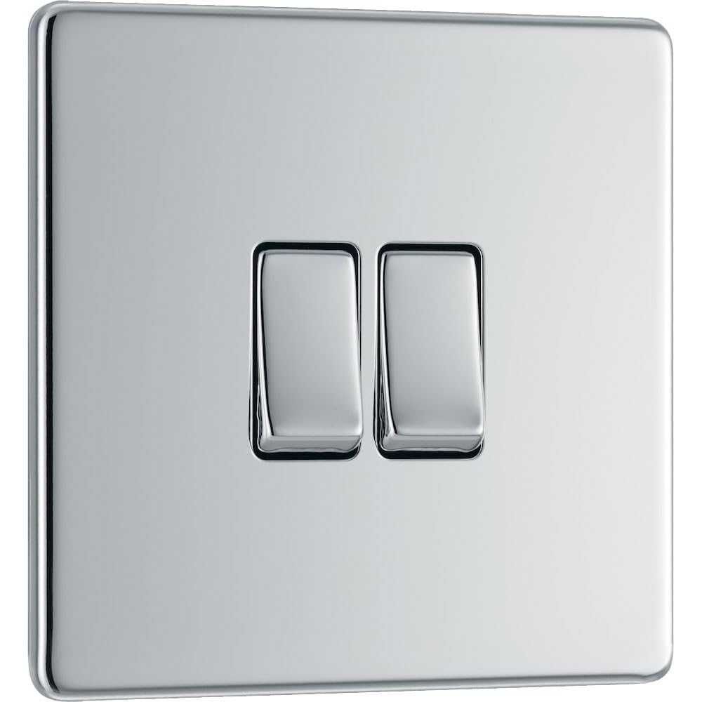 BG Electrical Double Wall Light Switch, 2 Way, Screwless Front Plate, Slim Profile, Premium Flatplate, Polished Chrome, 20A, 16AX, FPC42