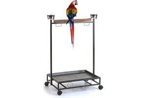MCAGE Large Wrought Iron Parrot Bird Play Stand Removable Easy Clean Tray Perch Play Gym Play Ground Stainless Feeder Cups Rolling Stand On Lockable Wheels