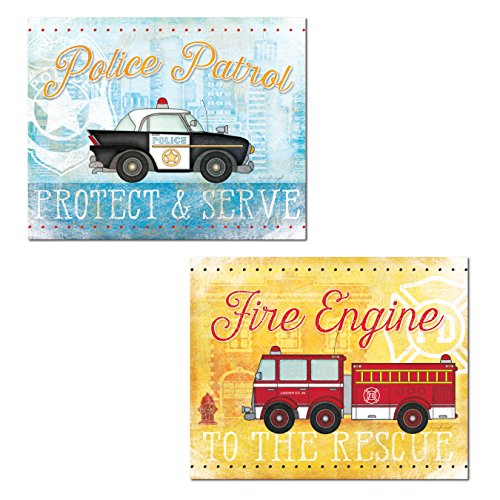 Popular Emergency Vehicle Police Patrol and Fire Engine Set; Great for a Childs Room, Nursery or Playroom; Two 14x11in Paper Poster Prints. Blue/Red/Yellow
