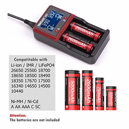 Weltool Intelligent Battery Charger Smart Digital With LCD Universal Charger For Rechargeable Batteries Ni-MH Ni-Cd AA AAA Li-ion LiFePO4 IMR 14500 16340 18650 RCR123 26650 with Car Adapter (2 Slot) - Thumbnail 2