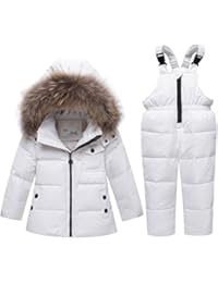 JELEUON Baby Girls and Boys Winter Warm Hooded Fur Trim Zipper Snowsuit Puffer Down Jacket with Snow Ski Bib Pants 6-7 Years