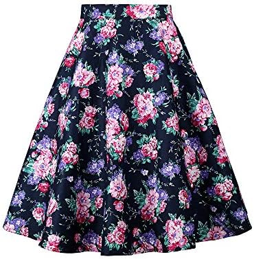 Yanmei Women's 50s Vintage Floral Skirt High Waisted A Line Casual Midi Skirts