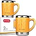 Stainless Steel Bamboo Coffee Mugs with Handle & Spill Resistant Lids (Set of 2), Natural Wood Wooden Light Unbreakable Design Eco Friendly Insulated Coffee Tea Travel Mugs; 11 Oz.
